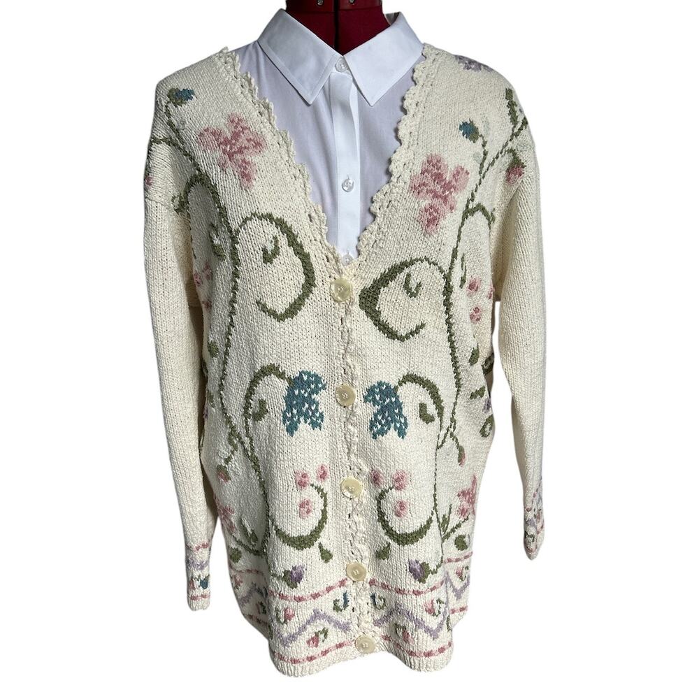 Vintage Liz Claiborne Medium Large Hand Knit Floral Cream Long Line Cardigan
